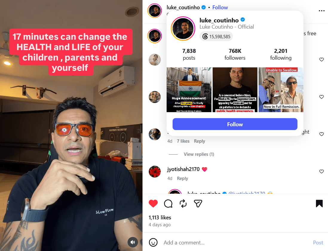 Trong một bài đăng trên Instagram, chuyên gia sức khỏe và lối sống Luke Coutinho gợi ý dành khoảng 17 phút ngoài trời có thể mang lại lợi ích cho cả trẻ nhỏ, ông bà và chính bạn. 