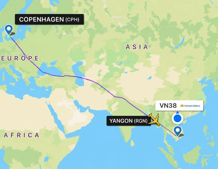 chuyến bay VN38 hạ cánh khẩn cấp tại sân bay Yangon (Myanmar) để hai mẹ con sớm được đưa đến bệnh viện tiếp tục chăm sóc