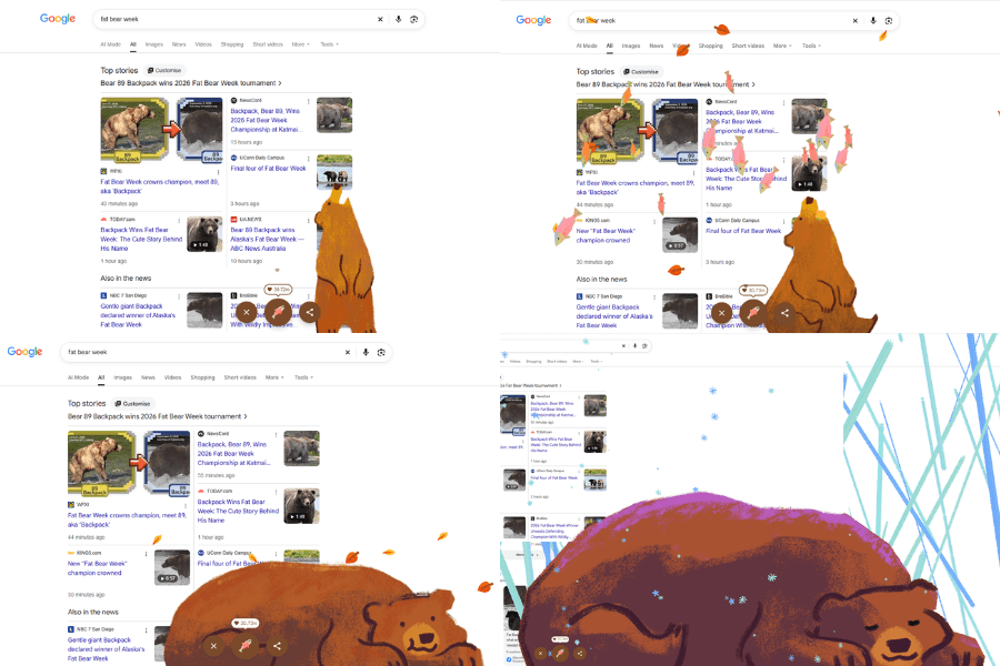 Khi tìm kiếm từ khóa Fat Bear Week trên Google, người dùng có thể thấy một chú gấu xuất hiện trên màn hìnhKhi tìm kiếm từ khóa Fat Bear Week trên Google, người dùng có thể thấy một chú gấu xuất hi