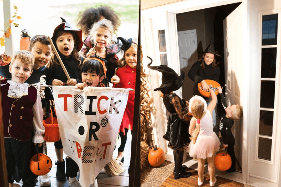 trẻ em hóa trang, đến từng nhà gõ cửa và xin kẹo vào đêm Halloween