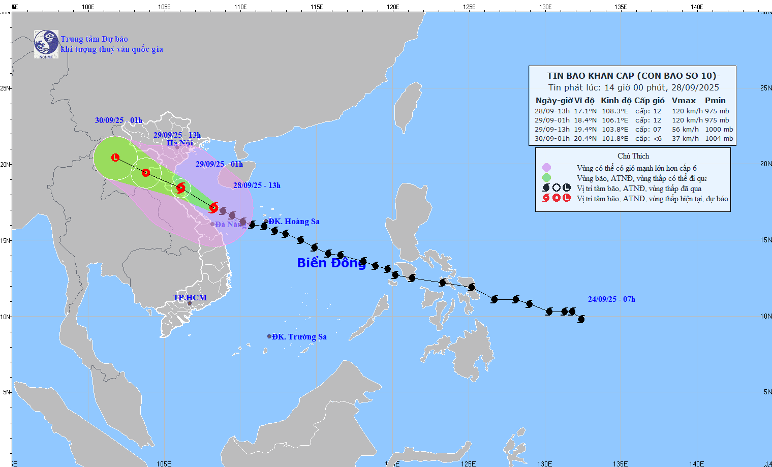 Dự báo 13 giờ ngày 29/9, bão số 10 đi vào đất liền các tỉnh Thanh Hóa-Bắc Quảng Trị và suy yếu dần