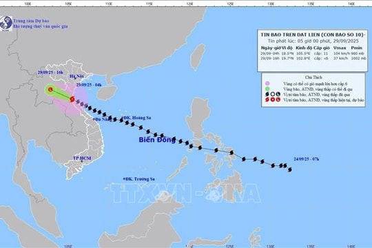 Bão số 10 trên đất liền biên giới Nghệ An - Trung Lào, khả năng suy yếu vào tối 29/9