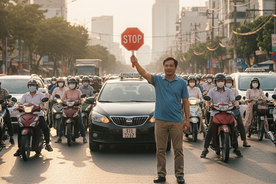 Dùng biển cầm tay xin đường để giúp người đi bộ tránh dòng xe lao vun vút