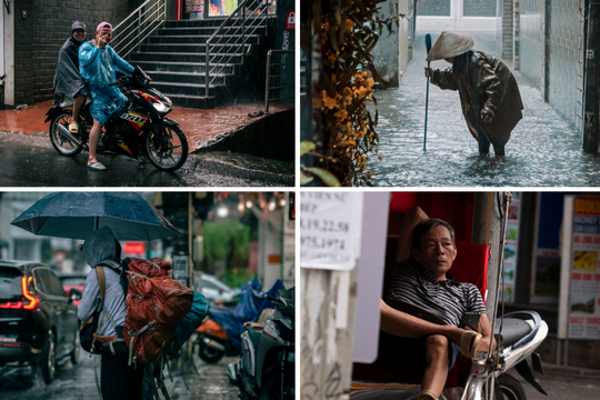 Khách Tây đội mưa quay phim Hà Nội ngập