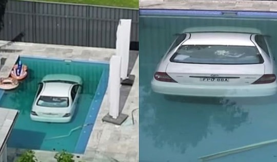 Ô tô mất lái đâm xuyên hàng rào, lao thẳng xuống bể bơi nhà dân