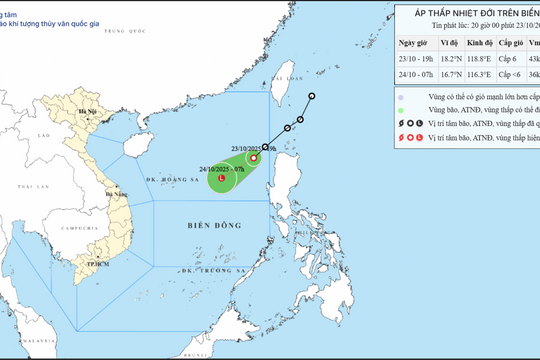 Dự báo ngày 24/10, áp thấp nhiệt đới suy yếu dần thành một vùng áp thấp