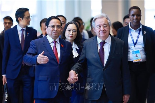 Thủ tướng Phạm Minh Chính và Tổng Thư ký Liên hợp quốc dự Họp báo Lễ mở ký Công ước Hà Nội