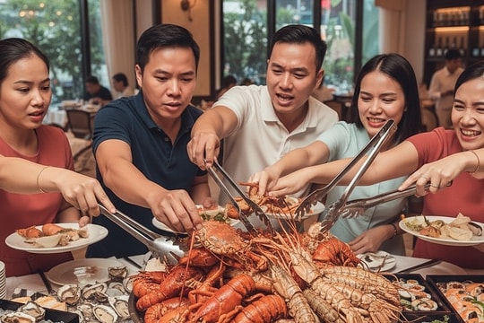 Đám đông tranh giành tôm hùm, cua ghẹ trong nhà hàng buffet