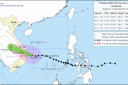 Dự báo Bão số 13 duy trì cường độ mạnh nhất trong khoảng 4-6 giờ tới