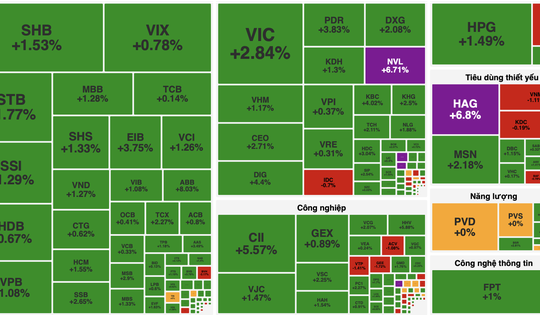 VN-Index tăng gần 19 điểm, sắc xanh phủ kín bảng điện