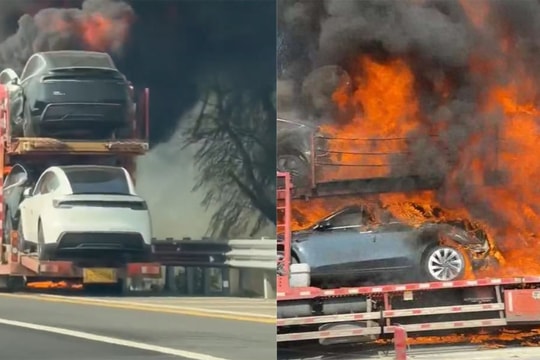 Loạt xe Tesla mới bốc cháy trên đường vận chuyển