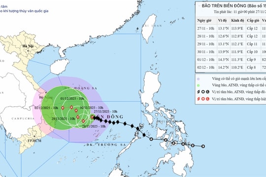 Bão số 15 giữ nguyên cường độ, di chuyển chậm hướng về giữa Biển Đông
