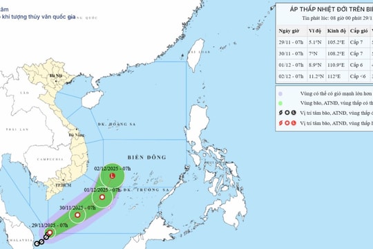 Áp thấp nhiệt đới đổi hướng đi vào vùng biển phía Tây Nam khu vực Nam Biển Đông