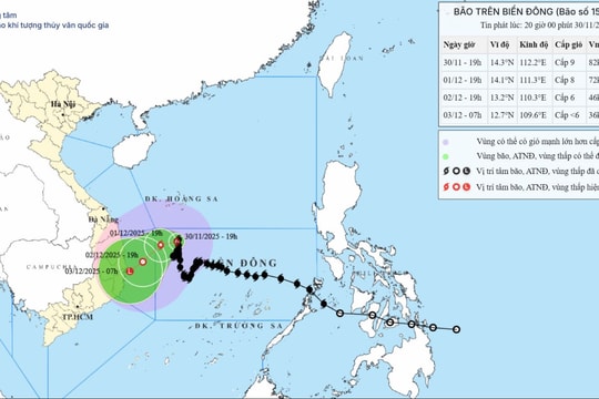 Bão số 15 ít dịch chuyển, hướng về bờ biển phía Đông tỉnh Gia Lai-Đắk Lắk
