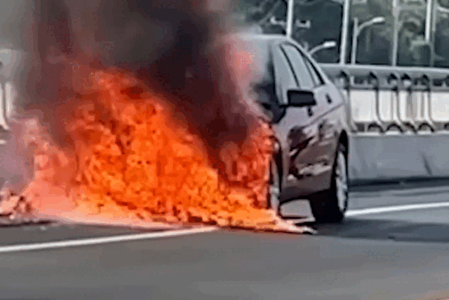 Ôtô cháy ngùn ngụt trên cầu Rạch Miễu