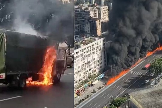 Xe tải bốc cháy sau va chạm, lan hàng chục xe máy điện