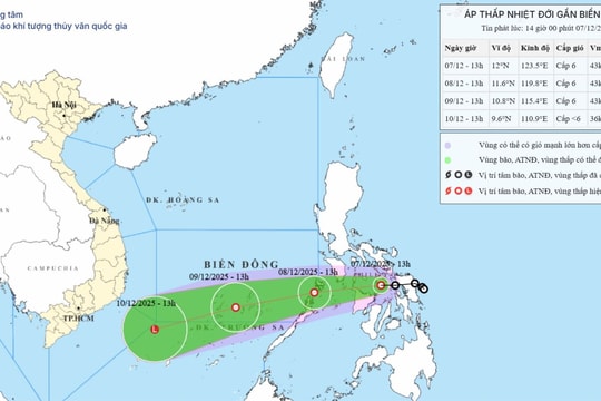 Áp thấp nhiệt đới gây gió mạnh trên vùng biển phía Đông Nam khu vực giữa Biển Đông