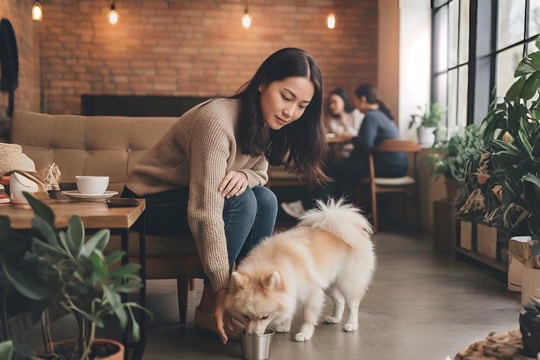 Cô gái dùng cốc của quán cà phê cho chó cưng uống nước