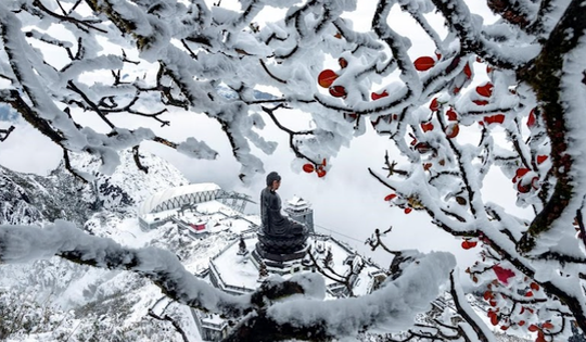 Tuyết rơi phủ trắng đỉnh Fansipan tạo nên không gian tuyệt đẹp