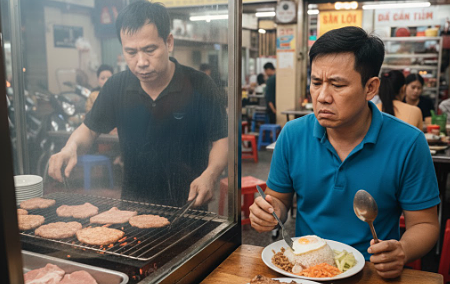 Đĩa cơm tấm 50 K mất ngon vì để cạnh khay thịt sống