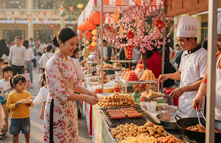 Trẻ ăn cá viên chiên trong lễ hội xuân ở trường mầm non