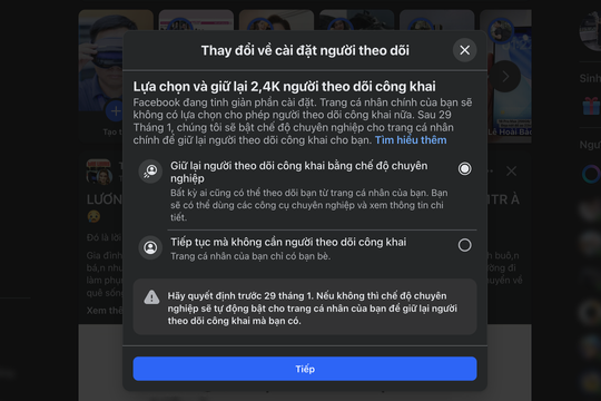 Facebook 'thúc giục' người dùng cập nhật chế độ chuyên nghiệp