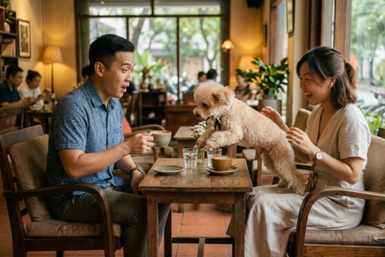 Khách cho chó nhảy lên bàn trong quán cà phê
