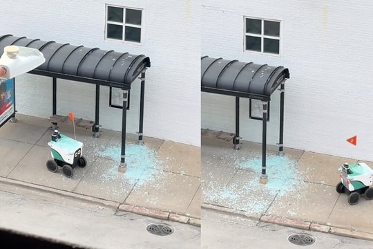 Robot giao hàng húc vỡ cửa kính bến xe buýt