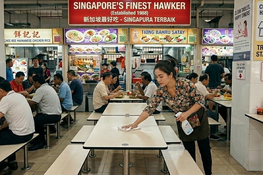 Nhân viên quán ăn bình dân Singapore cứ 30 phút lau bàn ghế một lần