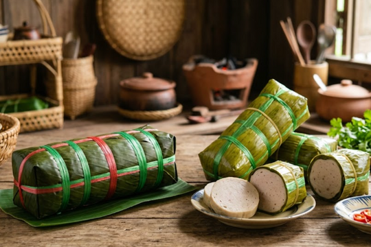 Cột bánh tét bằng dây nylon, gói giò chả bằng lá chuối nhựa