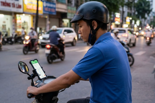 Nỗi lo tài xế xe ôm công nghệ xem điện thoại kẹp ở kính chiếu hậu