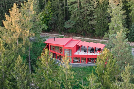 Biệt thự màu đỏ nổi bật giữa rừng, xe đỗ trên mái nhà