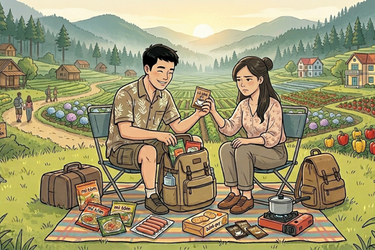 Bạn trai chuẩn bị mì tôm, xúc xích khi đi du lịch để giảm chi phí