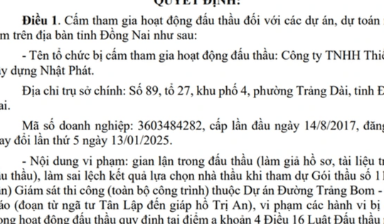 Đồng Nai: Cấm một công ty tham gia đấu thầu dự án
