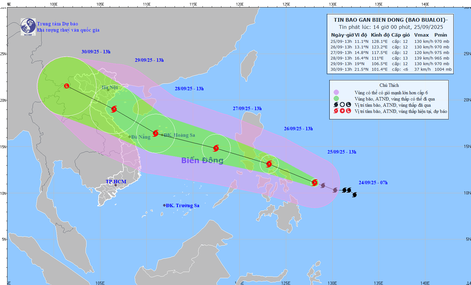 Khoảng đêm 26/9, bão Bualoi sẽ đi vào Biển Đông