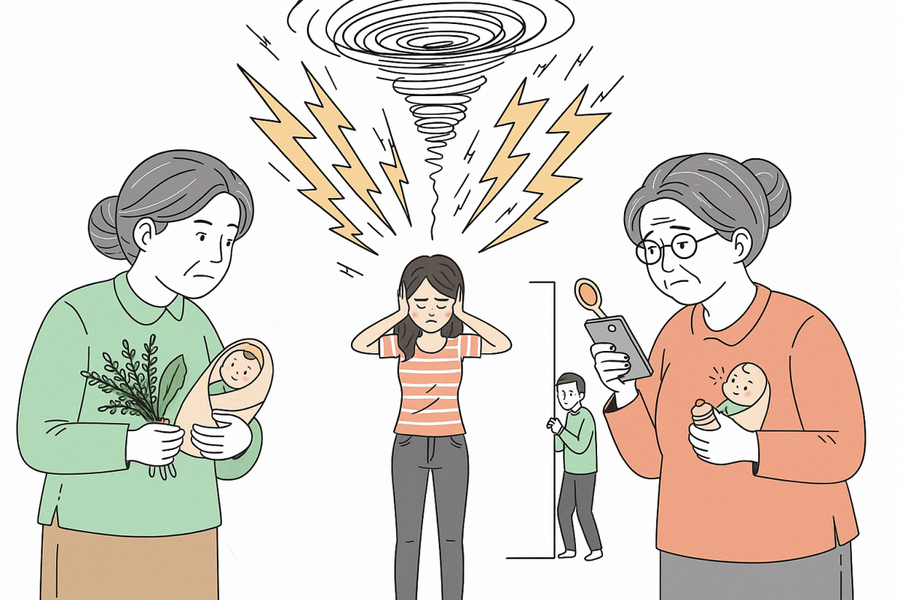 Tôi kiệt sức vì mẹ đẻ và mẹ chồng mâu thuẫn trong cách chăm cháu