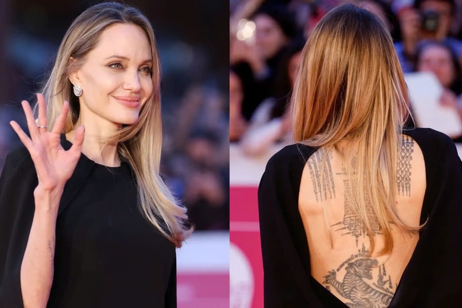 Angelina Jolie diện váy lộ hình xăm hổ