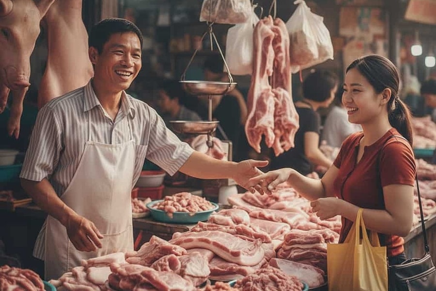 Ghen khi vợ được chủ hàng thịt bán giá rẻ