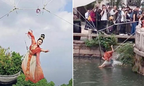 Diễn viên rơi xuống hồ khi múa trên không