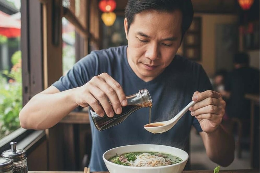 Rưới nước mắm lên phở