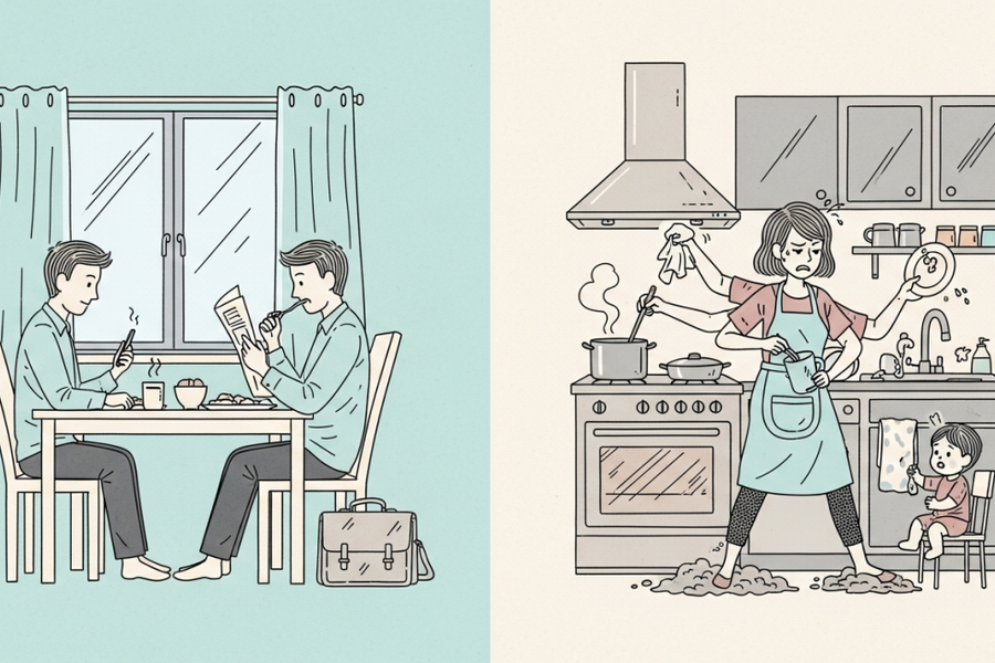 Sáng ra tôi tất bật con cái nhưng chồng vẫn tập thể dục