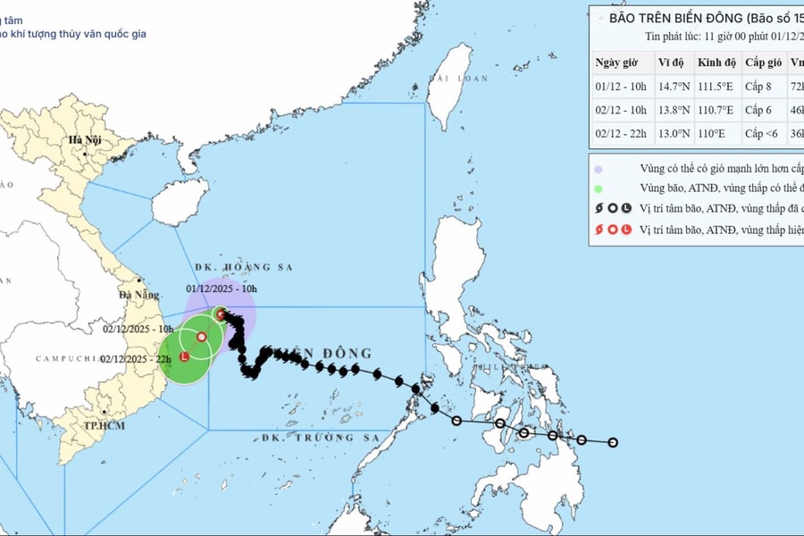 Khả năng ngày 2/12 bão số 15 suy yếu thành áp thấp nhiệt đới