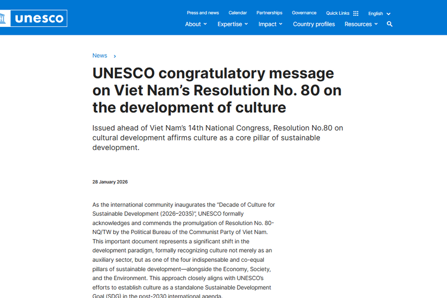 UNESCO đăng thông điệp chúc mừng Nghị quyết phát triển văn hóa Việt Nam