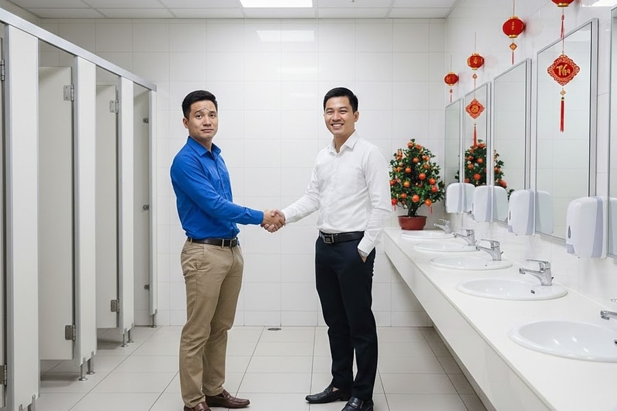 Khó xử vì đồng nghiệp bắt tay chúc Tết ở nhà vệ sinh