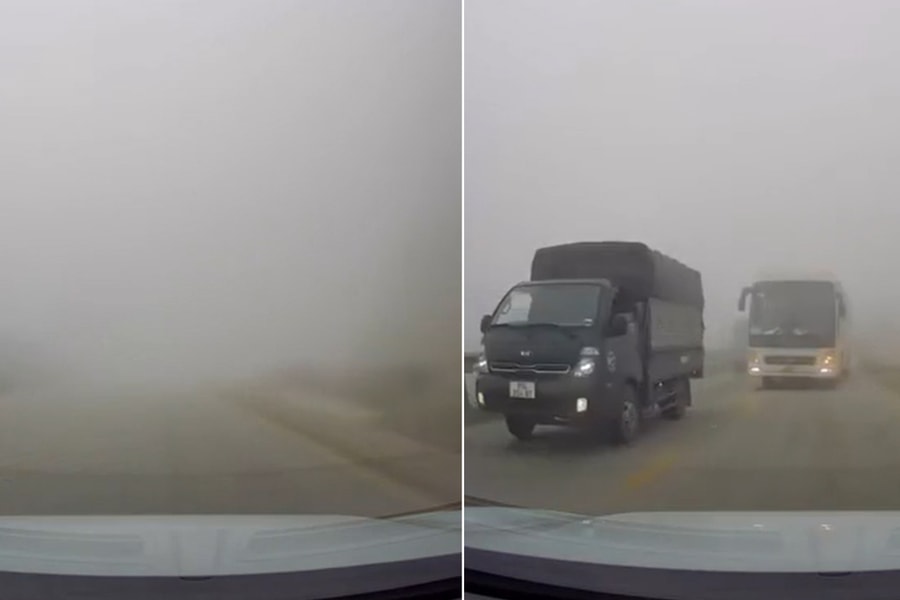 Xe khách chui ra từ màn sương dày đặc, đấu đầu xe ngược chiều