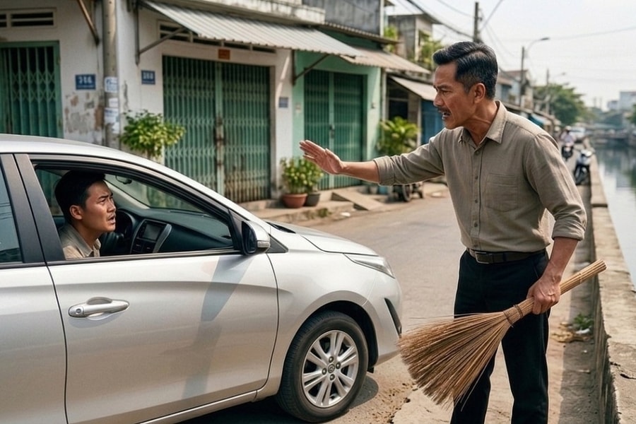 Chủ nhà vác chổi đuổi tài xế đỗ xe phía trước cửa nhà