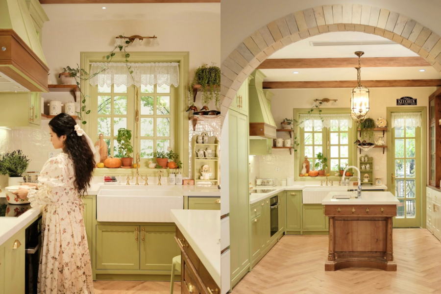 Căn bếp màu xanh bơ mang phong cách đồng quê
