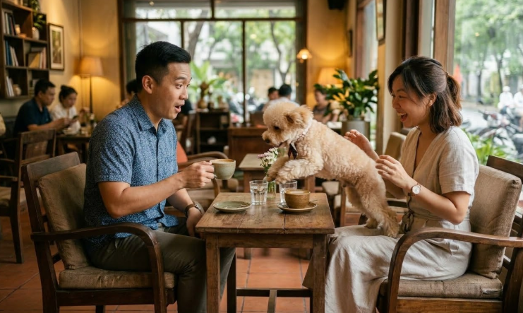 Khách cho chó nhảy lên bàn trong quán cà phê