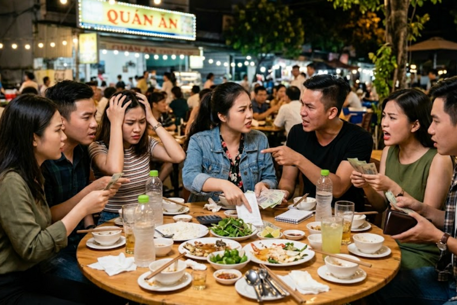 Đi ăn nhóm 4 người, một dẫn theo người yêu nhưng tính tiền chia bốn