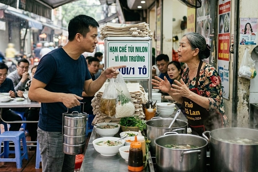 Vị khách cãi nhau với chủ quán phở vì không được cho thêm túi nilon
